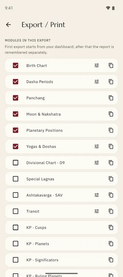 Kaal Jyoti export screen: choosing modules to include in a PDF report